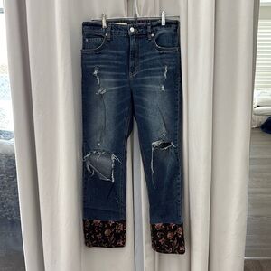 PILCRO by Anthropolgy Distressed Blue Jeans with Floral Cuffs Size 28